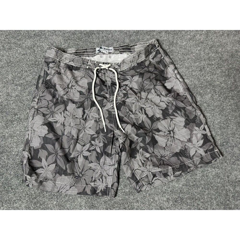 Trunks Surf & Swim Co. Swim Trunks Mens L Gray Floral Elastic Waist Mesh Lined